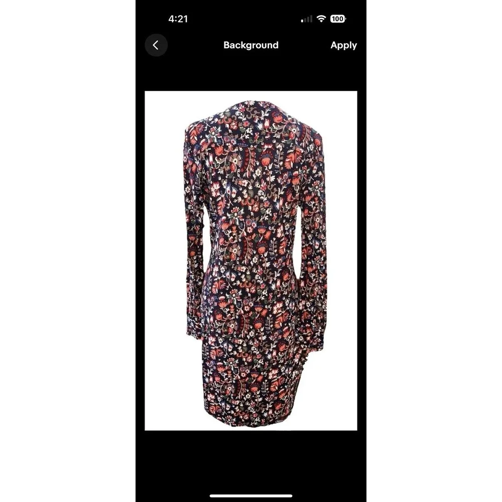 Tory Burch Floral Folk Print Long Sleeve Dress V-Neck Keyhole Stretch Knit L